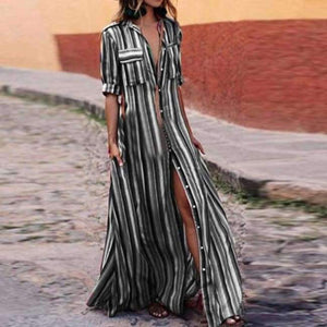 Planet Gates Sort / S NIBESSER Kvinder Sommer Strand Maxikjole 2018 Sexet Høj Split Sommerkjole Mode Farverig Stribet Print Boho Lang Festkjole Morgenkåbe