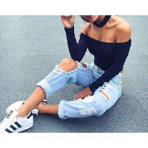 Planet Gates black / S Off shoulder crop top t shirts hot sale long sleeve solid short t-shirts for women clothing fashion slim t-shirt