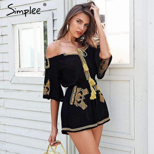 Planet Gates Black / S Off shoulder embroidery jumpsuit romper women Lace up tassel ethnic short jumpsuit 2018 Casual summer romper macacao