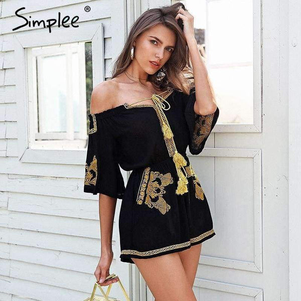 Planet Gates Black / S Off shoulder embroidery jumpsuit romper women Lace up tassel ethnic short jumpsuit 2018 Casual summer romper macacao