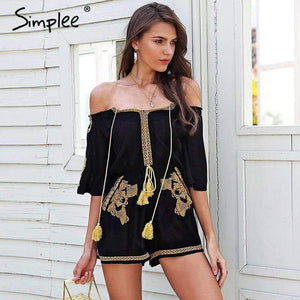 Planet Gates Black / S Off shoulder embroidery jumpsuit romper women Lace up tassel ethnic short jumpsuit 2018 Casual summer romper macacao