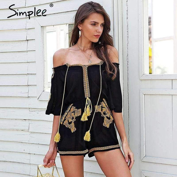Planet Gates Black / S Off shoulder embroidery jumpsuit romper women Lace up tassel ethnic short jumpsuit 2018 Casual summer romper macacao