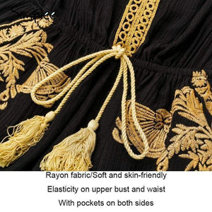 Planet Gates Black / S Off shoulder embroidery jumpsuit romper women Lace up tassel ethnic short jumpsuit 2018 Casual summer romper macacao