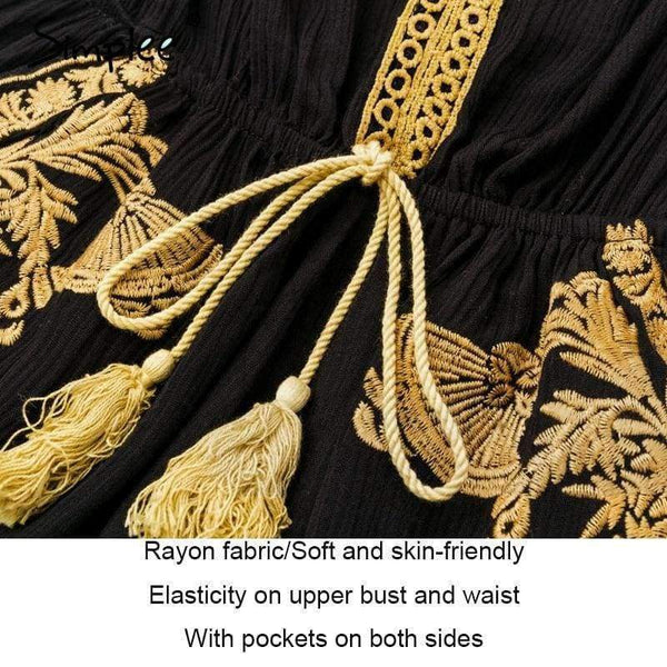 Planet Gates Black / S Off shoulder embroidery jumpsuit romper women Lace up tassel ethnic short jumpsuit 2018 Casual summer romper macacao