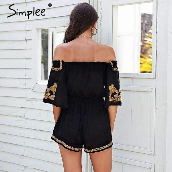 Planet Gates Black / S Off shoulder embroidery jumpsuit romper women Lace up tassel ethnic short jumpsuit 2018 Casual summer romper macacao
