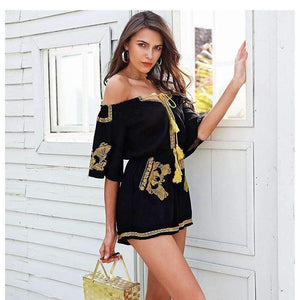 Planet Gates Black / S Off shoulder embroidery jumpsuit romper women Lace up tassel ethnic short jumpsuit 2018 Casual summer romper macacao