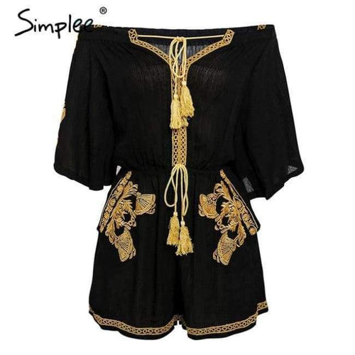 Planet Gates Black / S Off shoulder embroidery jumpsuit romper women Lace up tassel ethnic short jumpsuit 2018 Casual summer romper macacao