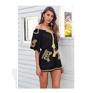 Planet Gates Black / S Off shoulder embroidery jumpsuit romper women Lace up tassel ethnic short jumpsuit 2018 Casual summer romper macacao