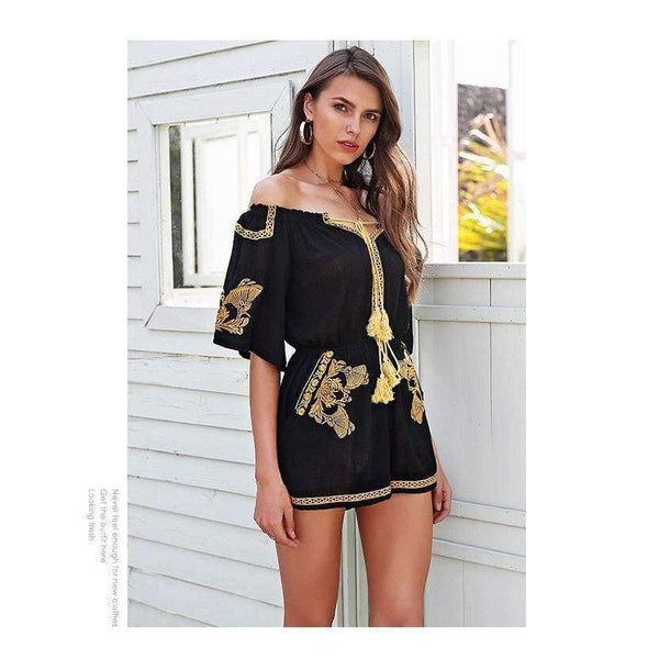 Planet Gates Black / S Off shoulder embroidery jumpsuit romper women Lace up tassel ethnic short jumpsuit 2018 Casual summer romper macacao