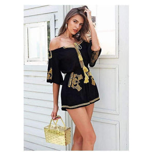 Planet Gates Black / S Off shoulder embroidery jumpsuit romper women Lace up tassel ethnic short jumpsuit 2018 Casual summer romper macacao