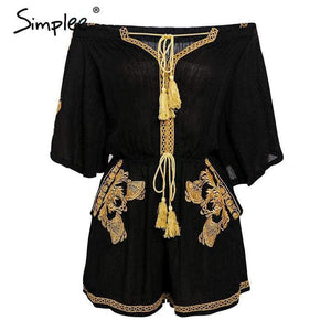 Planet Gates Black / S Off shoulder embroidery jumpsuit romper women Lace up tassel ethnic short jumpsuit 2018 Casual summer romper macacao