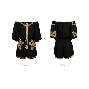 Planet Gates Black / S Off shoulder embroidery jumpsuit romper women Lace up tassel ethnic short jumpsuit 2018 Casual summer romper macacao