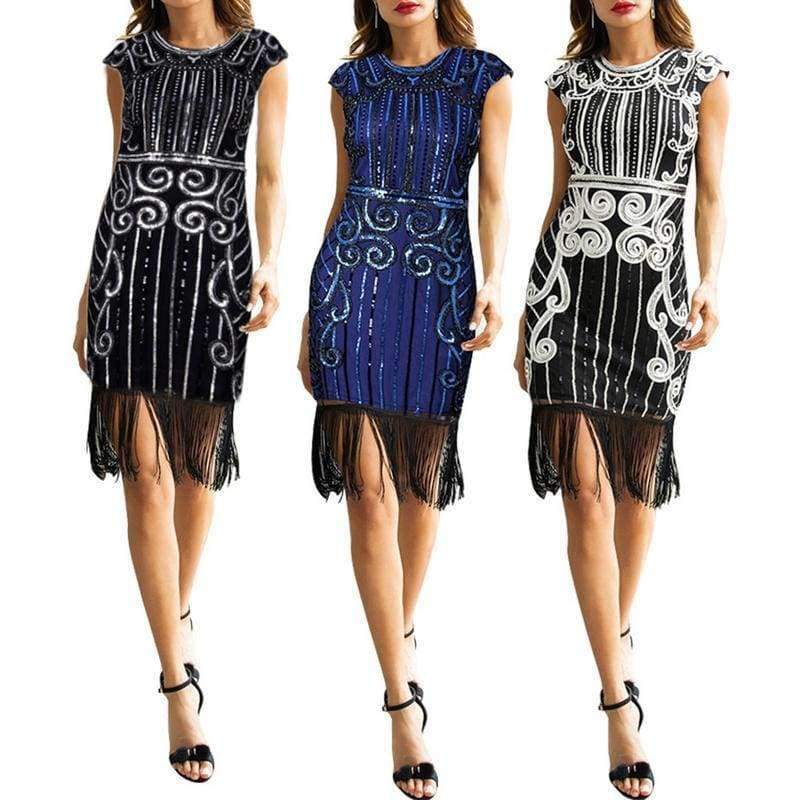 Planet Gates Black / S Retro Style Movie Hand-made Sequins Tassel Dance Party Mini Dress Formal Event Ball Dress Sheath Femme Vestidos