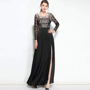 Planet Gates black / S Spirng Women Vintage Luxury Embroidery Long Dress Evening Womens Sexy Split Blue Black Party Maxi Dress Special Events XXL