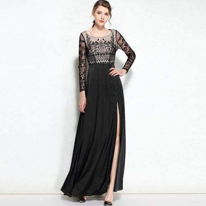 Planet Gates black / S Spirng Women Vintage Luxury Embroidery Long Dress Evening Womens Sexy Split Blue Black Party Maxi Dress Special Events XXL