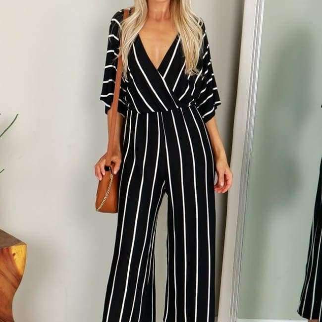 Planet Gates White / S Summer Elegant Women Striped Jumpsuits OL Work Wide Leg Pants Casual Loose Deep V-neck Short Sleeve Loose Rompers