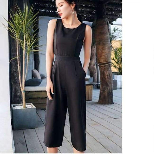 Planet Gates Black / S Summer  Solid Sleeveless Calf-Length High Waist Jumpsuits 2018 New Arrival Casual Wide Leg Jumpsuits