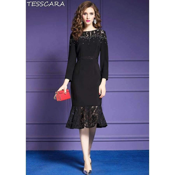Planet Gates Black / S TESSCARA Women Autumn & Winter Luxury Beading Dress Female Elegant Black Cocktail Vestidos Retro Party Robe Femme Plus Size