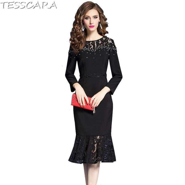 Planet Gates Black / S TESSCARA Women Autumn & Winter Luxury Beading Dress Female Elegant Black Cocktail Vestidos Retro Party Robe Femme Plus Size