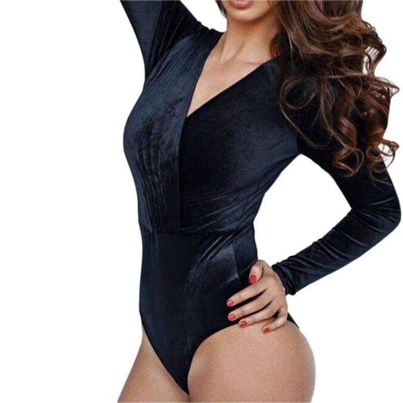 Planet Gates Black / S V-Neck Bodysuit Women Jumpsuits Solid Sexy Velvet Plunged Bodycon 2018 Sexy Long Sleeve Slim Jumpsuit Romper GV497