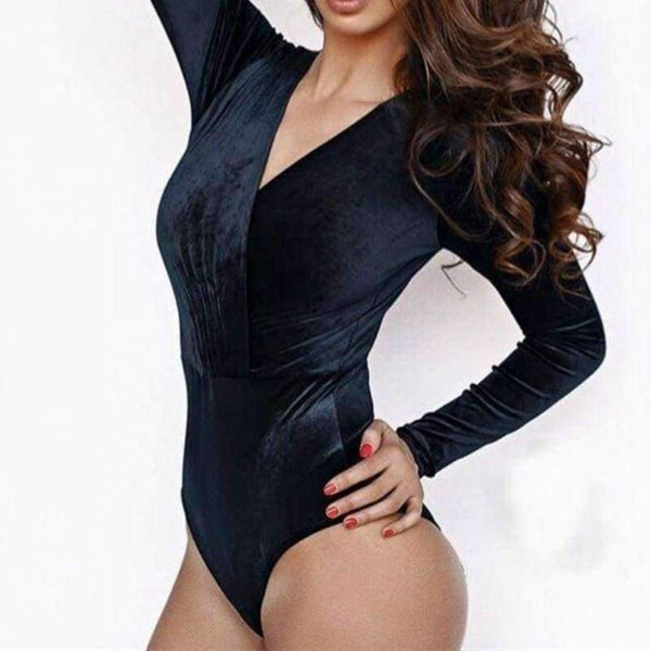 Planet Gates Black / S V-Neck Bodysuit Women Jumpsuits Solid Sexy Velvet Plunged Bodycon 2018 Sexy Long Sleeve Slim Jumpsuit Romper GV497