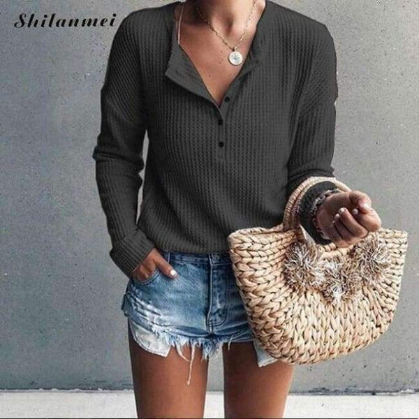 Planet Gates black / S V Neck Women T Shirt Punk Long Sleeve Autumn Tshirt Woman T-Shirts Slim Tees Cotton Tops Button Ropa Mujer Women Tops