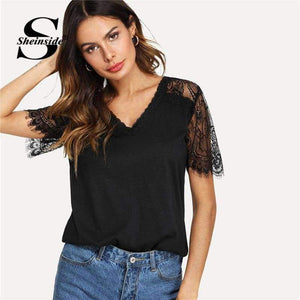 Planet Gates Black / S V Neckline Lace Sleeve Tee 2018 Summer Short Sleeve Plain Black Top Women New Fashoin OL Work Casual T Shirt
