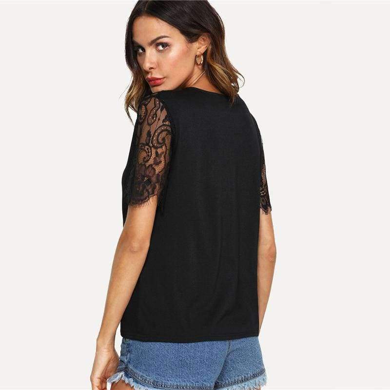 Planet Gates Black / S V Neckline Lace Sleeve Tee 2018 Summer Short Sleeve Plain Black Top Women New Fashoin OL Work Casual T Shirt