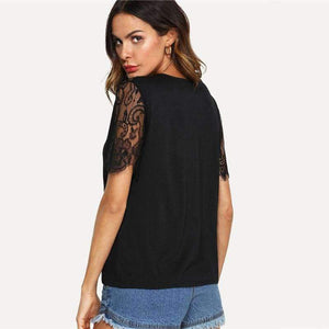 Planet Gates Black / S V Neckline Lace Sleeve Tee 2018 Summer Short Sleeve Plain Black Top Women New Fashoin OL Work Casual T Shirt
