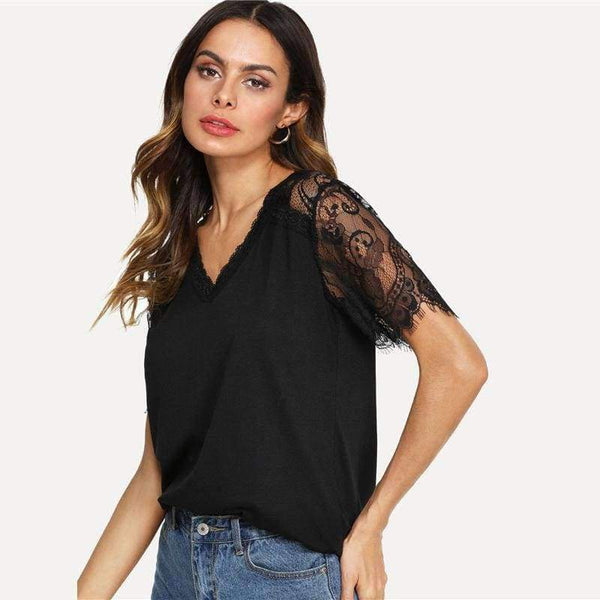 Planet Gates Black / S V Neckline Lace Sleeve Tee 2018 Summer Short Sleeve Plain Black Top Women New Fashoin OL Work Casual T Shirt