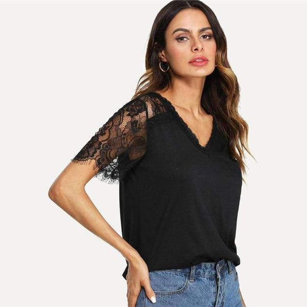 Planet Gates Black / S V Neckline Lace Sleeve Tee 2018 Summer Short Sleeve Plain Black Top Women New Fashoin OL Work Casual T Shirt