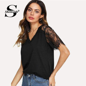 Planet Gates Black / S V Neckline Lace Sleeve Tee 2018 Summer Short Sleeve Plain Black Top Women New Fashoin OL Work Casual T Shirt
