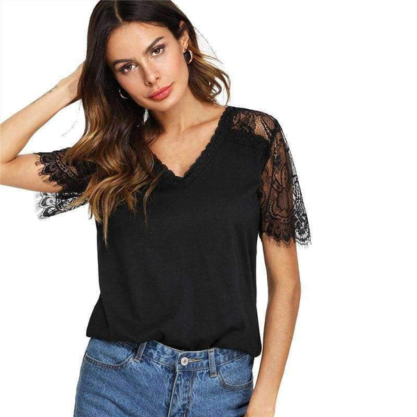 Planet Gates Black / S V Neckline Lace Sleeve Tee 2018 Summer Short Sleeve Plain Black Top Women New Fashoin OL Work Casual T Shirt