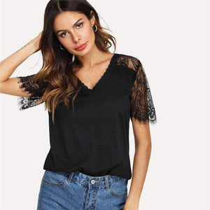 Planet Gates Black / S V Neckline Lace Sleeve Tee 2018 Summer Short Sleeve Plain Black Top Women New Fashoin OL Work Casual T Shirt