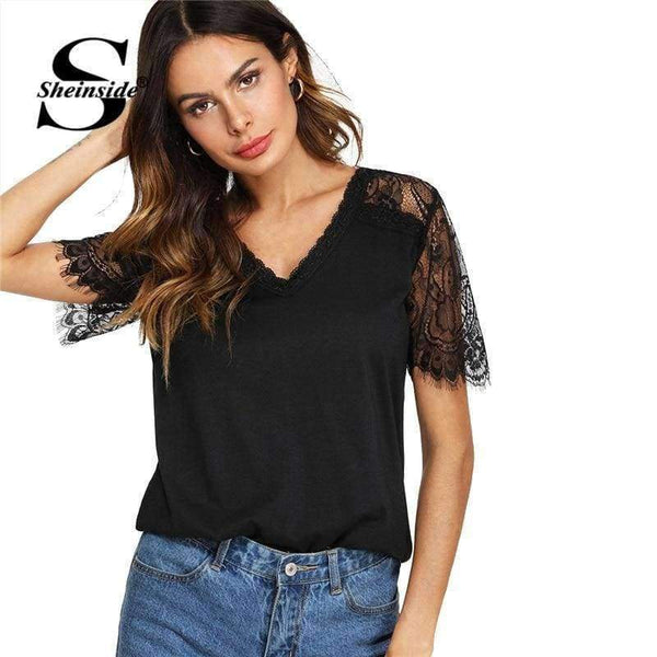 Planet Gates Black / S V Neckline Lace Sleeve Tee 2018 Summer Short Sleeve Plain Black Top Women New Fashoin OL Work Casual T Shirt