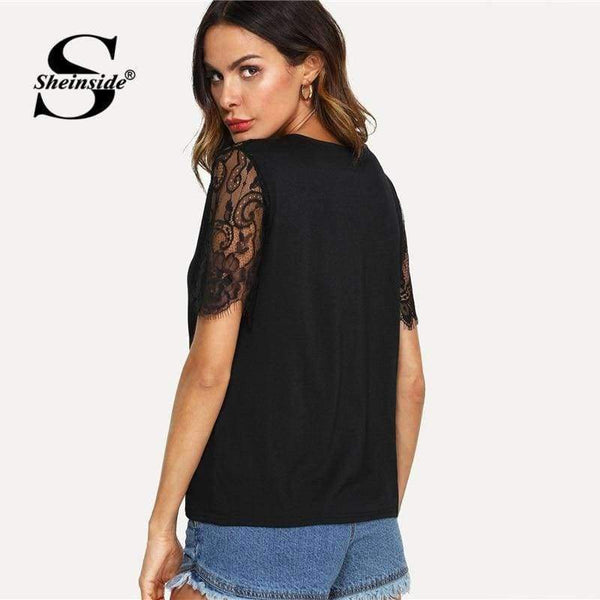 Planet Gates Black / S V Neckline Lace Sleeve Tee 2018 Summer Short Sleeve Plain Black Top Women New Fashoin OL Work Casual T Shirt