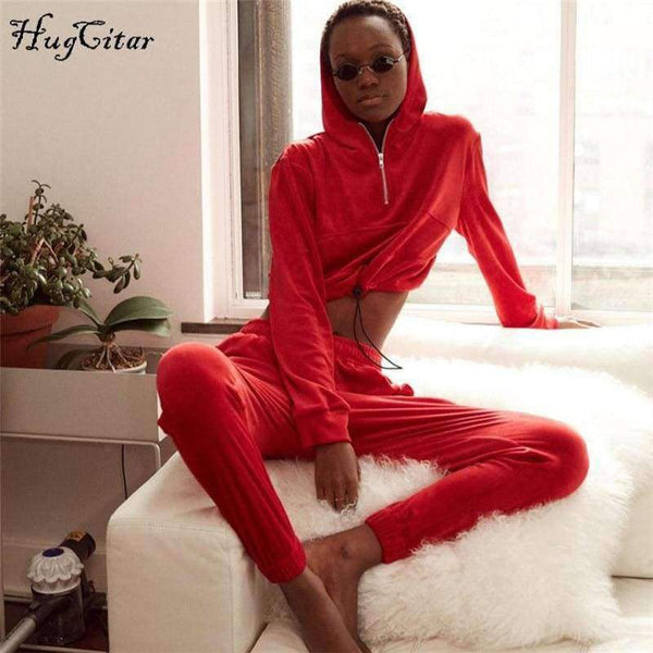 Planet Gates Black / S velvet long sleeve hooded loose crop tops pants 2 pieces sets 2018 autumn winter women fashion sexy casual hoodies set