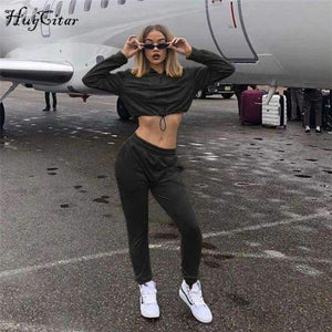 Planet Gates Black / S velvet long sleeve hooded loose crop tops pants 2 pieces sets 2018 autumn winter women fashion sexy casual hoodies set
