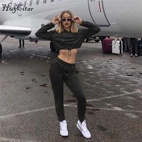 Planet Gates Black / S velvet long sleeve hooded loose crop tops pants 2 pieces sets 2018 autumn winter women fashion sexy casual hoodies set