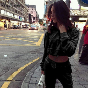 Planet Gates Black / S velvet long sleeve hooded loose crop tops pants 2 pieces sets 2018 autumn winter women fashion sexy casual hoodies set