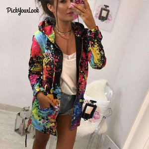 Planet Gates Black / S Women Coats And Jackets For Autumn Multicolor Zipper Female Hooded Outwear Long Style Drawing Lady Hoodie Tops
