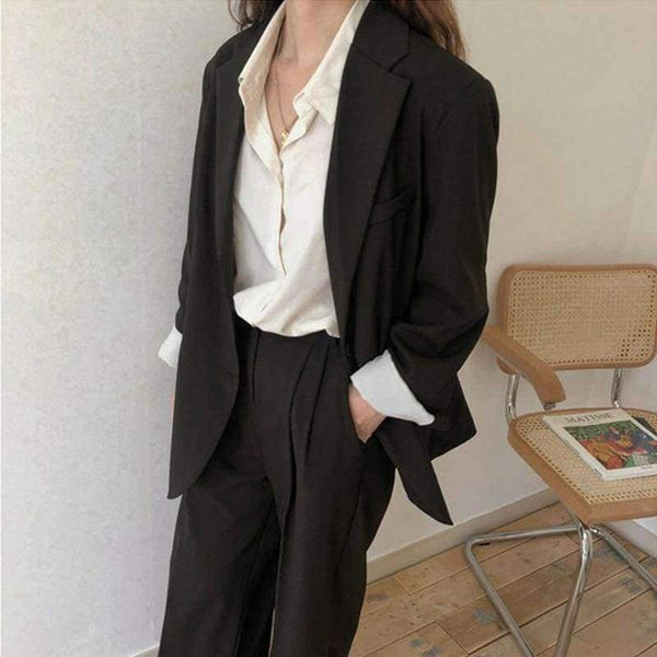 Planet Gates black / S Women Pant Suits Boyfriend Style Single Breasted Blazer & Wide Leg Pants Casual 2 Pieces Set 2018 high quality