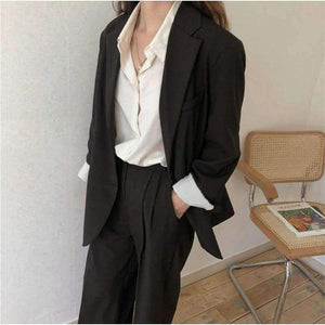 Planet Gates black / S Women Pant Suits Boyfriend Style Single Breasted Blazer & Wide Leg Pants Casual 2 Pieces Set 2018 high quality