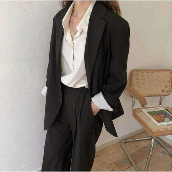 Planet Gates black / S Women Pant Suits Boyfriend Style Single Breasted Blazer & Wide Leg Pants Casual 2 Pieces Set 2018 high quality