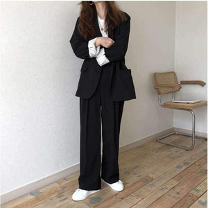 Planet Gates black / S Women Pant Suits Boyfriend Style Single Breasted Blazer & Wide Leg Pants Casual 2 Pieces Set 2018 high quality