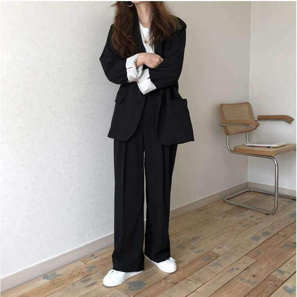 Planet Gates black / S Women Pant Suits Boyfriend Style Single Breasted Blazer & Wide Leg Pants Casual 2 Pieces Set 2018 high quality