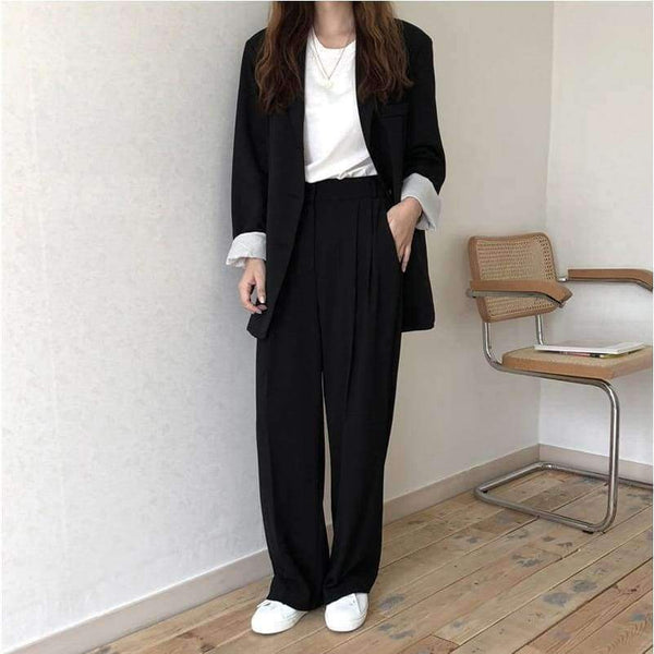 Planet Gates black / S Women Pant Suits Boyfriend Style Single Breasted Blazer & Wide Leg Pants Casual 2 Pieces Set 2018 high quality