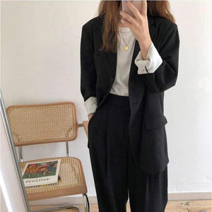 Planet Gates black / S Women Pant Suits Boyfriend Style Single Breasted Blazer & Wide Leg Pants Casual 2 Pieces Set 2018 high quality