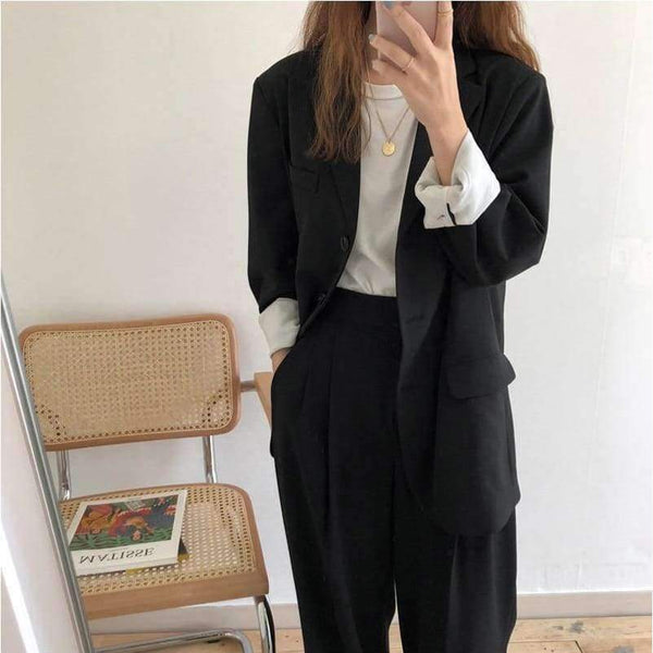 Planet Gates black / S Women Pant Suits Boyfriend Style Single Breasted Blazer & Wide Leg Pants Casual 2 Pieces Set 2018 high quality