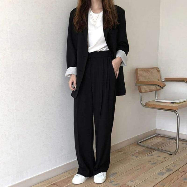 Planet Gates black / S Women Pant Suits Boyfriend Style Single Breasted Blazer & Wide Leg Pants Casual 2 Pieces Set 2018 high quality